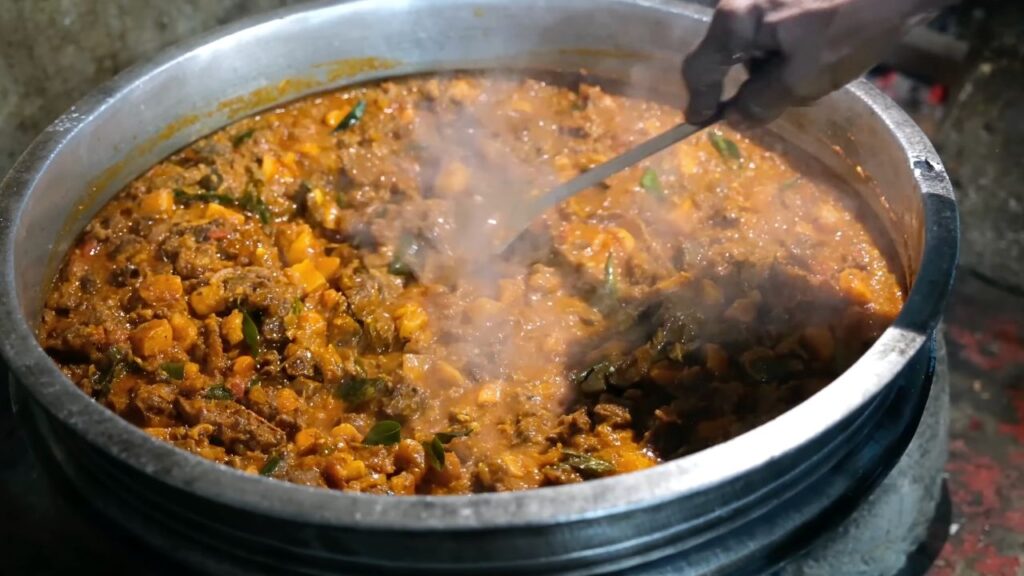 Preparation of Beef and Koorka at Aravala Restaurant in Alappuzha